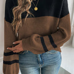 Dark Brown Color Block Knit Striped Sleeve Detail Casual Sweater