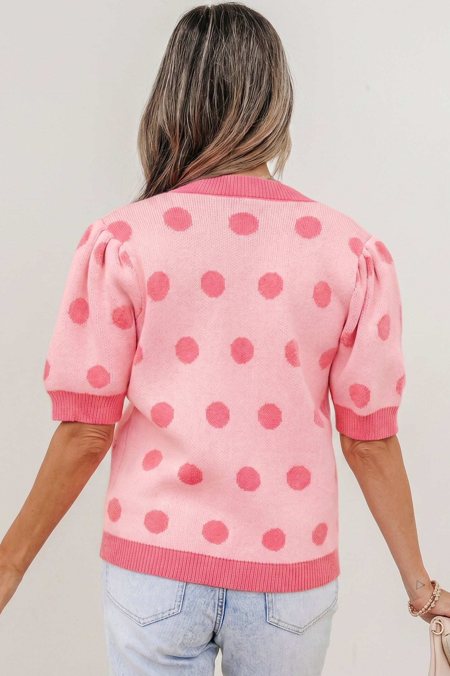 Light Blue Polka Dot Puff Short Sleeve Sweater Top
