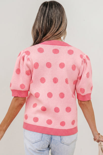 Light Blue Polka Dot Puff Short Sleeve Sweater Top