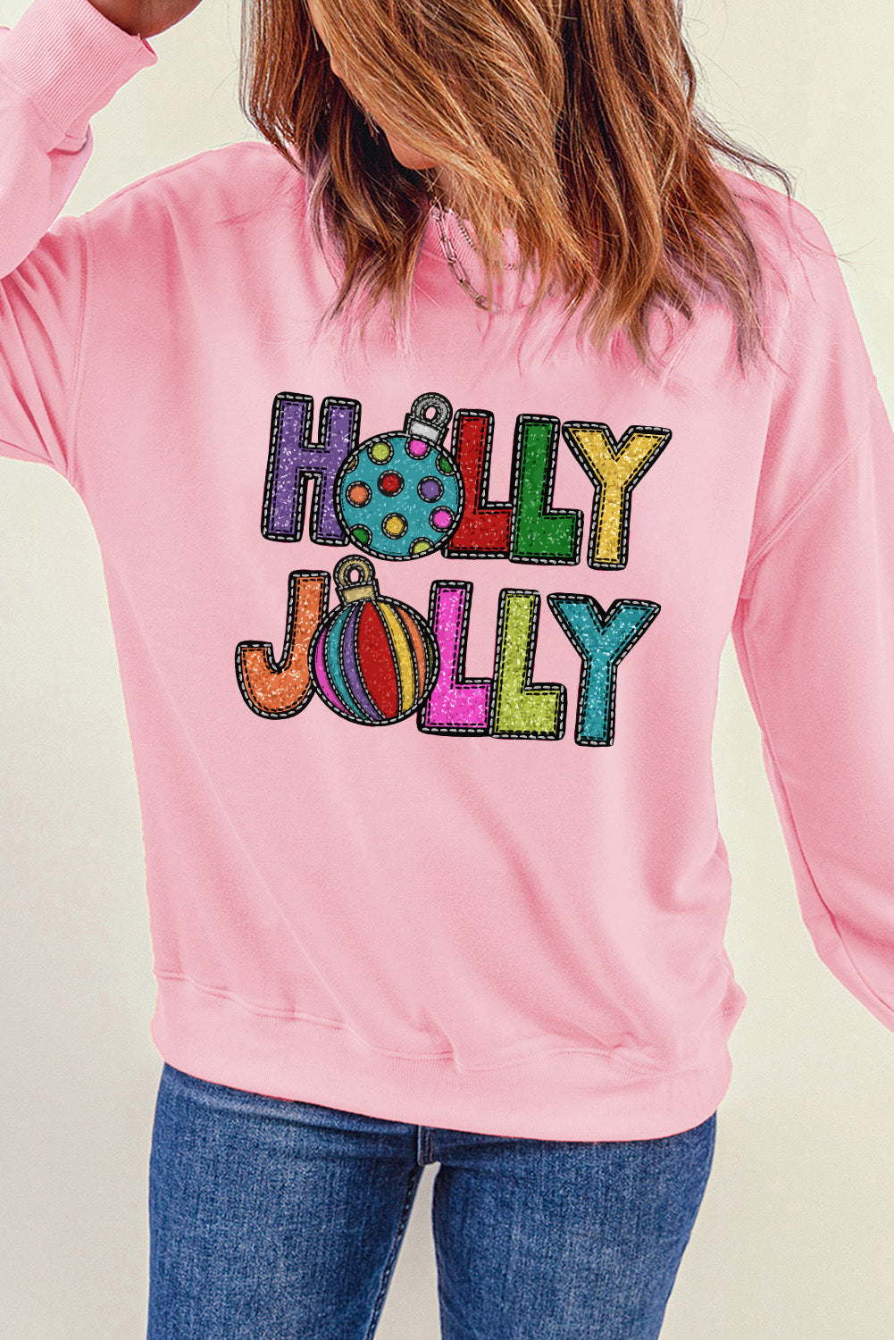 Sweat-shirt graphique rose HOLLY JOLLY avec lettres festives de Noël