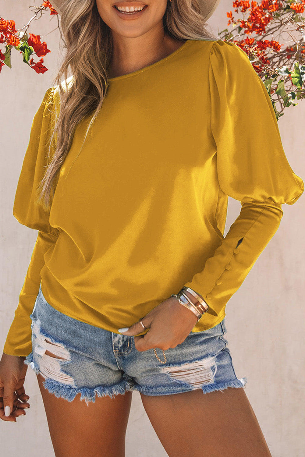 Satin Buttoned Cuffs Puff Sleeve Top