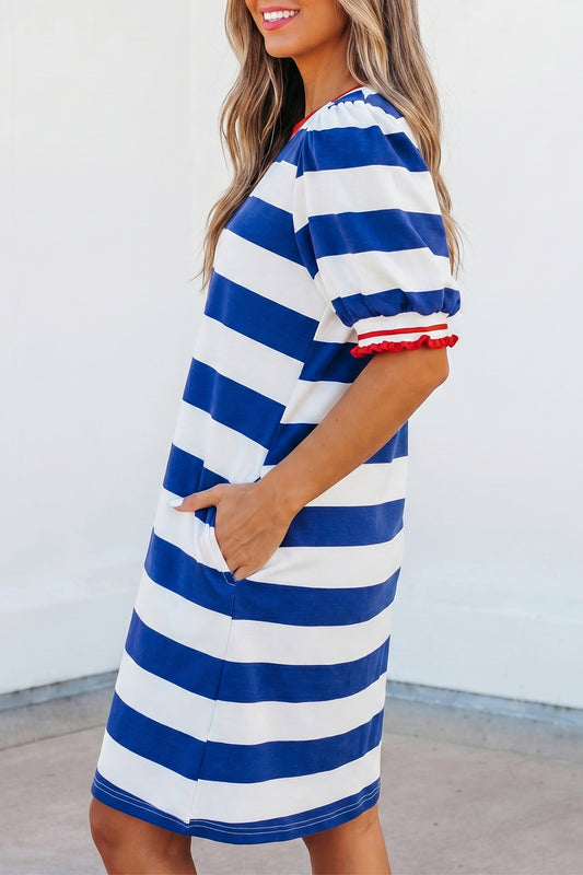 Blue Stripe Contrast Trim Round Neck Short Puff Sleeve Shift Mini Dress