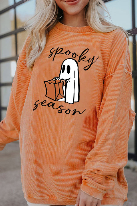 Sudadera de canalé con estampado de fantasma Spooky Season naranja