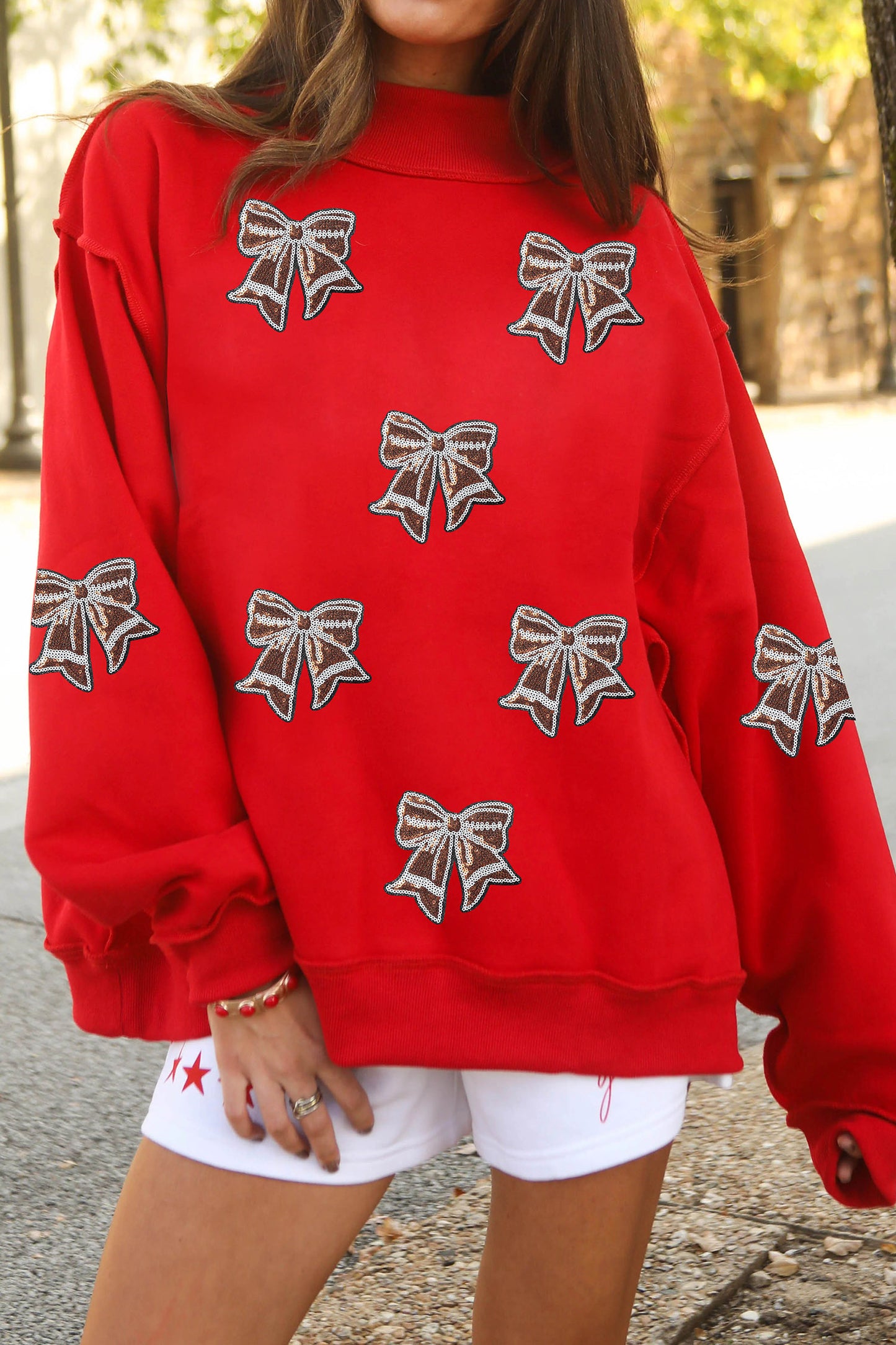 Racing Red Sequin Bowknot Mock Neck Game Day Casual Sweatshirt