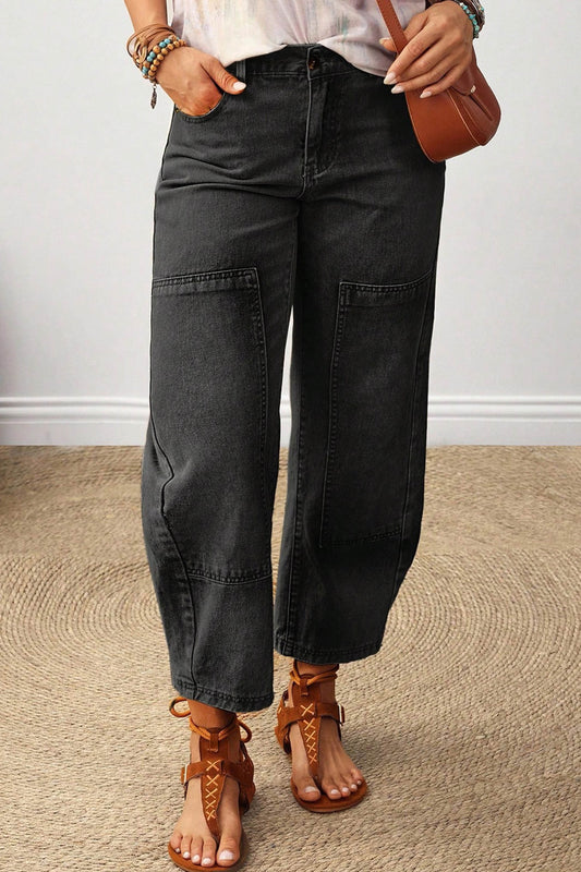 Carbon Grey Decorative Seam Patchwork Detail Solid Color Jeans