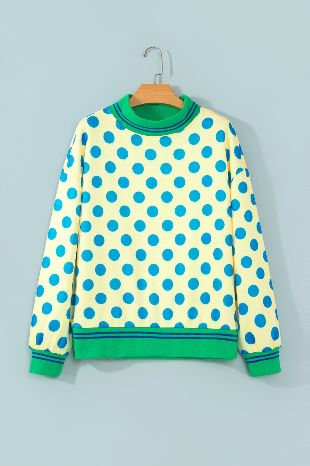 Yellow Polka Dot Striped Trim Mock Neck Sweatshirt