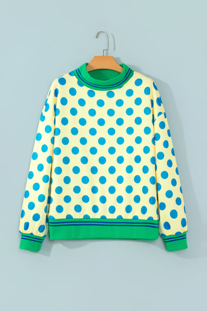Yellow Polka Dot Striped Trim Mock Neck Sweatshirt