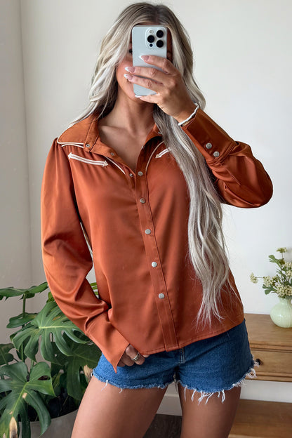 Cinnamon Silky Long Sleeve Button Front Western Fashion Shirt