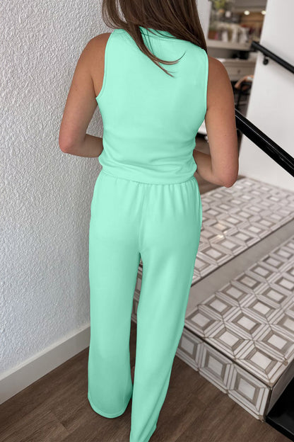 Moonlight Jade Drawstring Elastic Waistband Solid Color Two Piece Casual Set