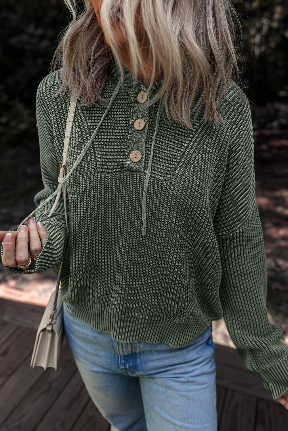 Mist Green Mineral Wash Ribbed Knit Button Drawstring Neck Hooded Sweater