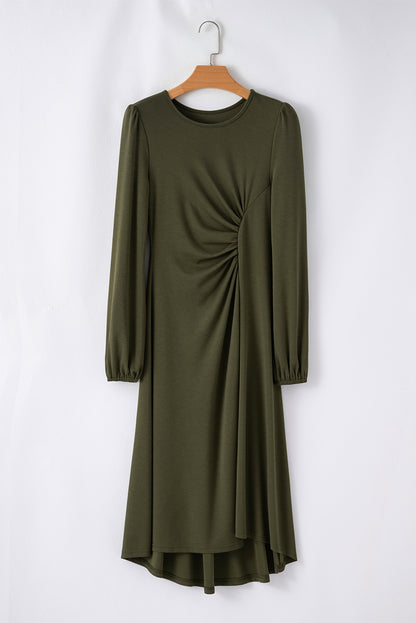 Jungle Green Solid Color Ruched Detail Long Sleeve Midi Dress