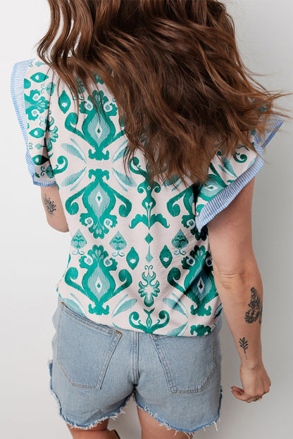 Sky Blue Ethnic Print Striped Trim Flutter Sleeve Top