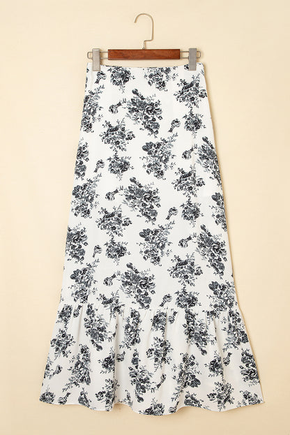 Black Boho Floral High Waist Ruffle Split Maxi Skirt