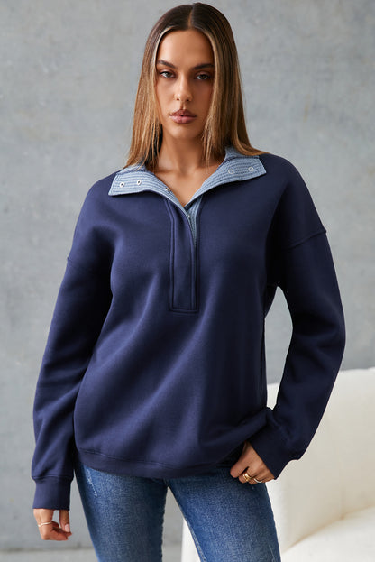Dirty blue Drop Shoulder Metal Button Casual Pullover Sweatshirt