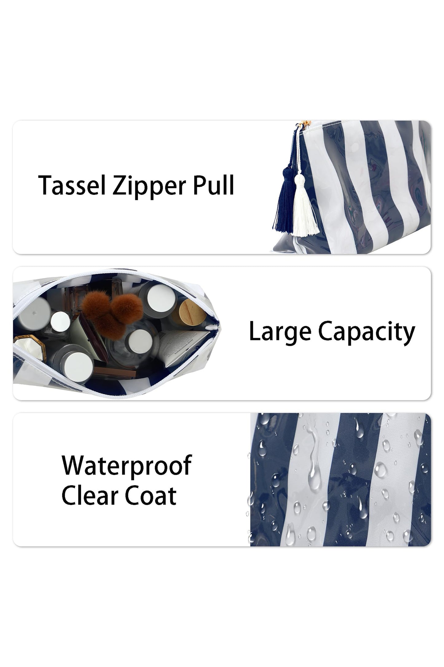 Navy Blue Striped Vinyl Waterproof Tassel Zipper Makeup Bag