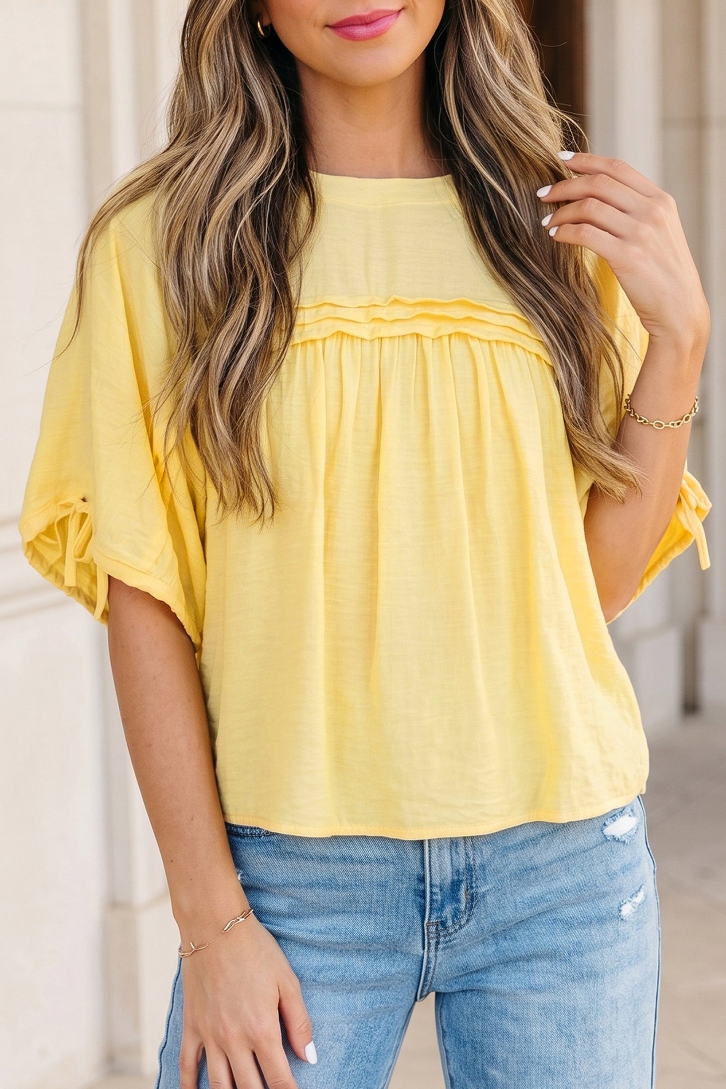 Mist Blue Tie Half Sleeve Pleated Detail Babydoll Blouse