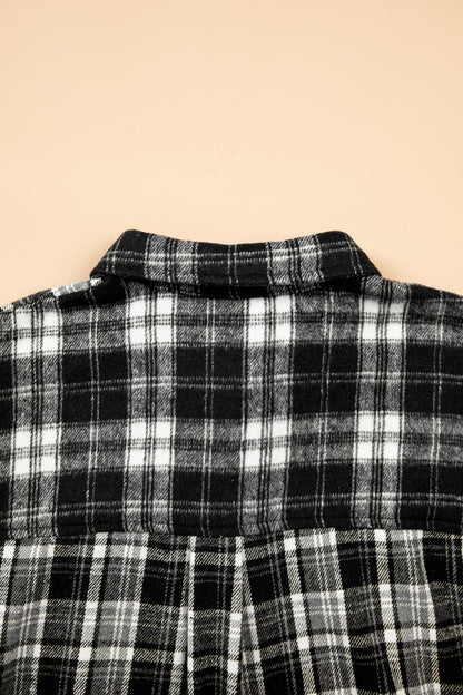Black Plaid Long Sleeve V Neck Shift Plus Size Shirt Jacket