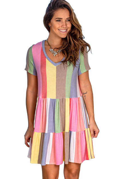 Multicolor Striped Color Block Tiered Mini Dress
