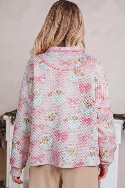 Pink Abstract Christmas Print Zip-Up Collar Long Sleeve Sweatshirt