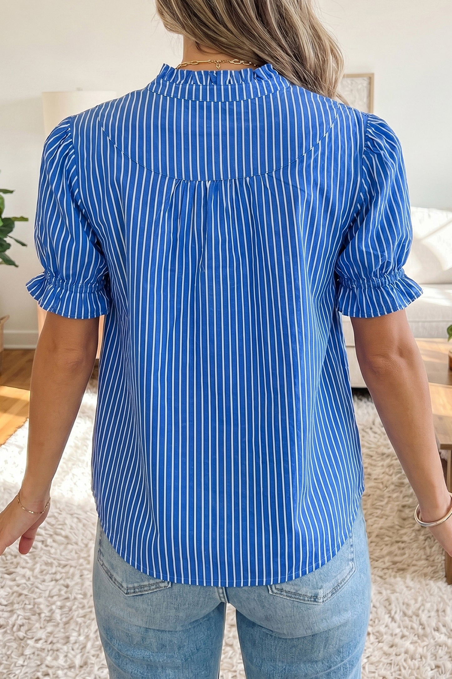 Red Stripe Ruffled Short Puff Sleeve Button Front Blouse