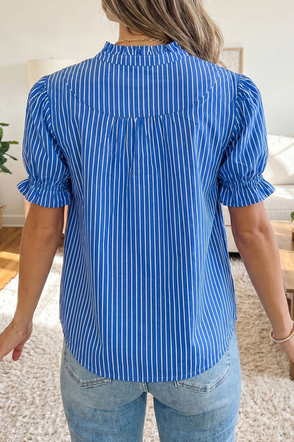Red Stripe Ruffled Short Puff Sleeve Button Front Blouse