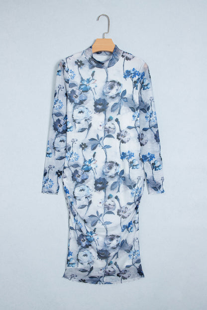 Sky Blue Floral Print Sheath Elegant Long Sleeve Dress