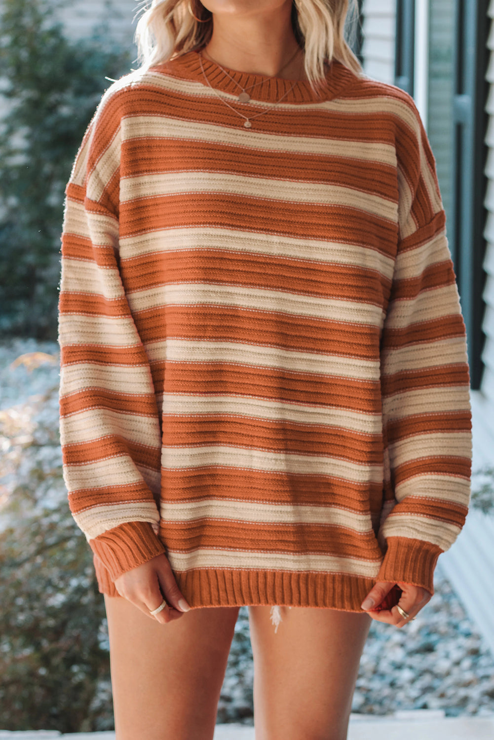 Orange Stripe Ribbed Trim Drop Shoulder Sweater
