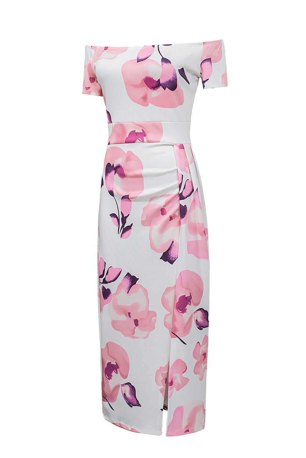 Robe mi-longue moulante fendue à épaules dénudées et imprimé floral bleu foncé