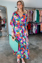 Multicolour Abstract Print High Waist V Neck Maxi Dress