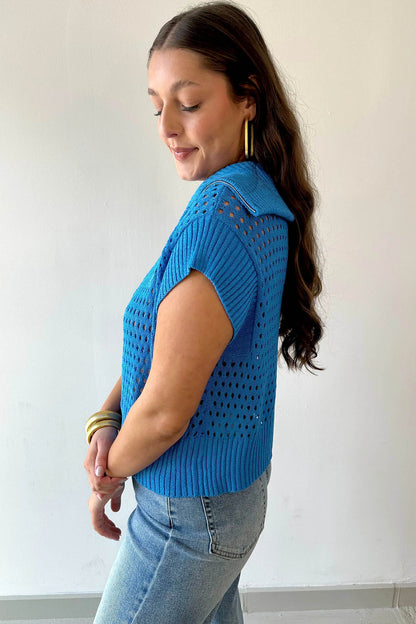 Sky Blue Solid Color Hollowed Knit Short Sleeve Zipper Collar Knitwear Top