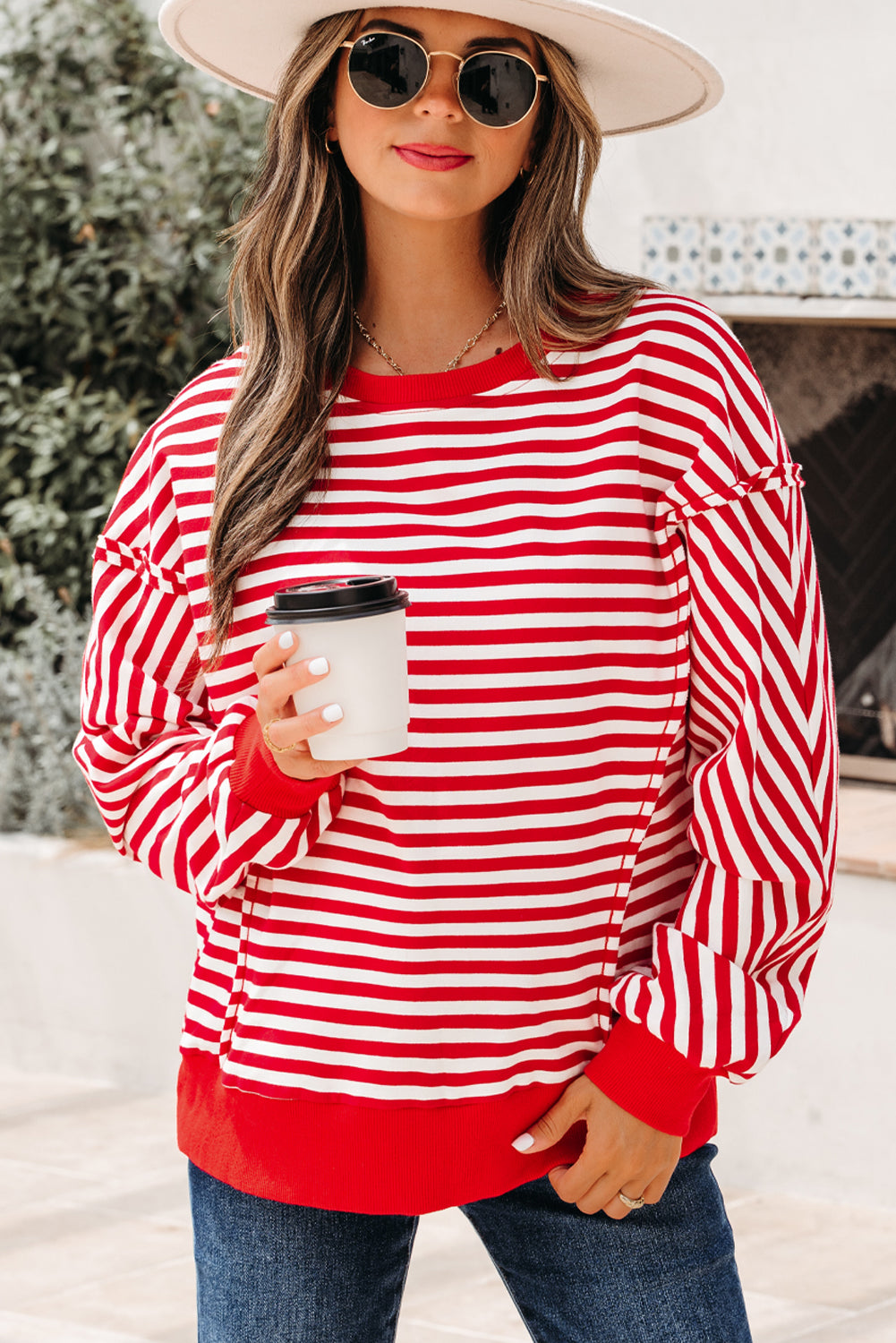 Red Stripe Exposed Seam Drop Shoulder Casual Pullover Top