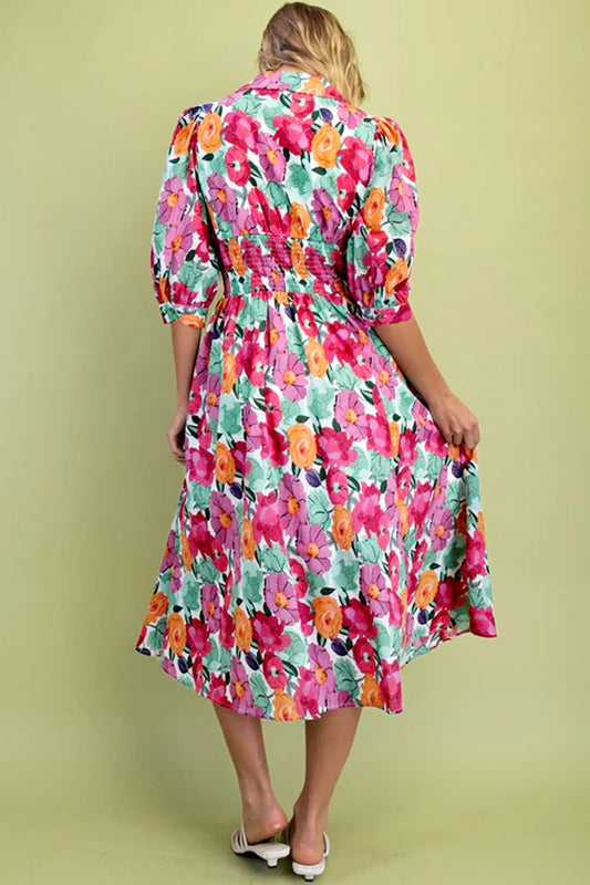 Rose Vibrant Floral Print V Neck Zip Up Puffy Half Sleeve Dress