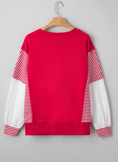 Fiery Red Striped Patchwork Sleeve Colorblock Sweatshirt