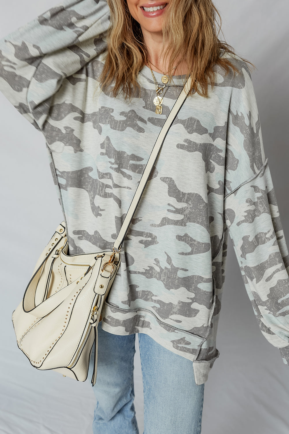 Multicolour Retro Camouflage Print Exposed Seam Patchwork Drop Shoulder Sweatshirt