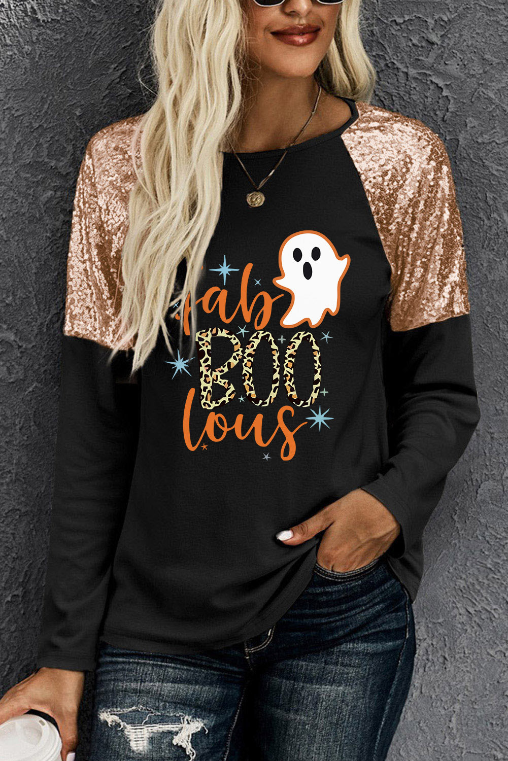 Black Leopard Boo Ghost Graphic Sequin Raglan Sleeve Top