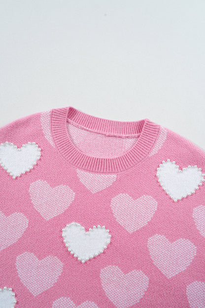Pull ras du cou rose à imprimé cœur perlé pour la Saint-Valentin