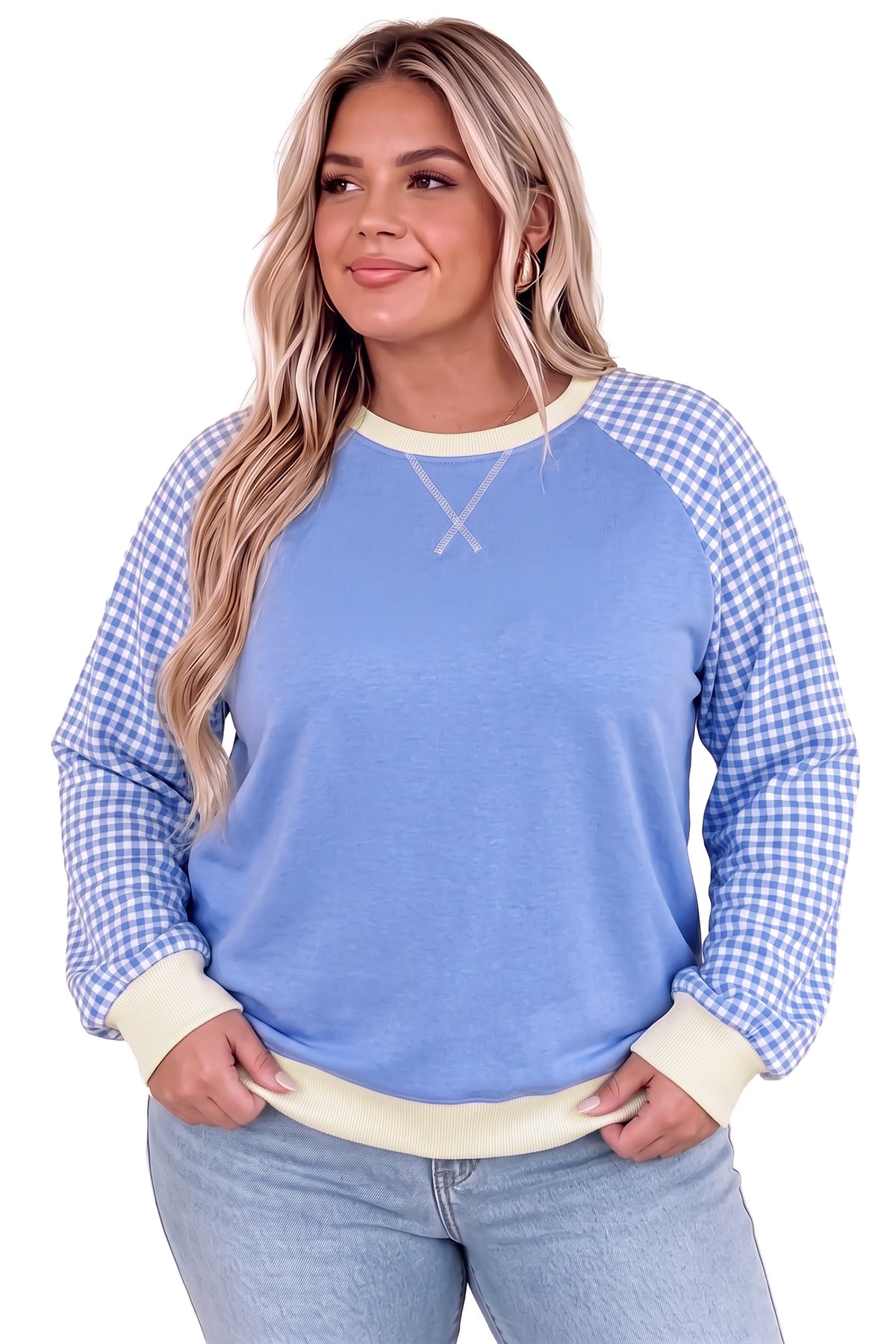 Light Blue Plaid Sleeve Ribbed Colorblock Trim Plus Size Sweatshirt