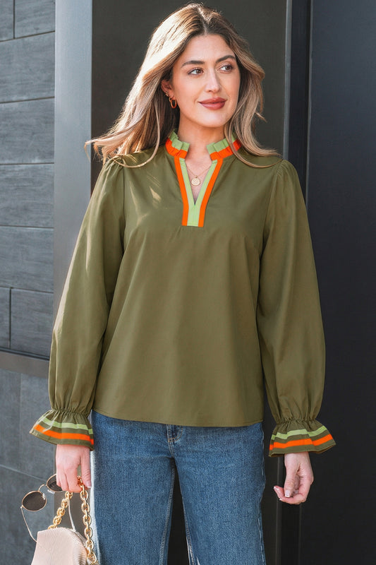 Four Leaf Clover Striped Trim Ruffle Split Neck Long Sleeve Blouse