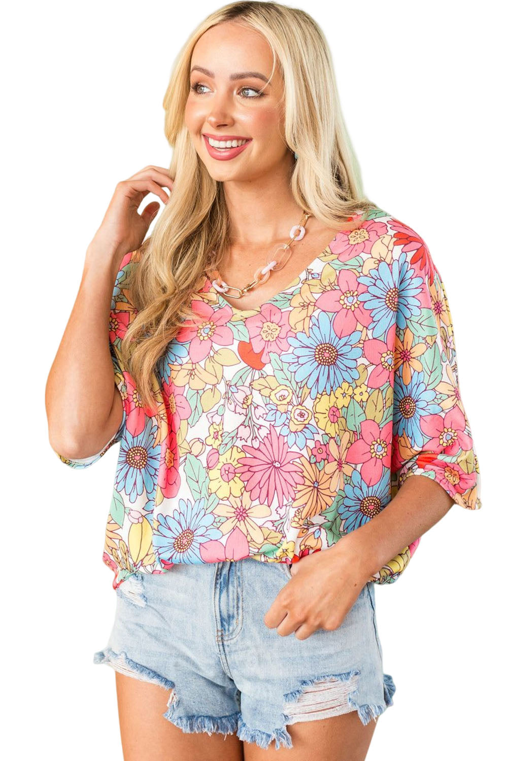 Blusa de media manga con cuello en V y estampado floral multicolor 