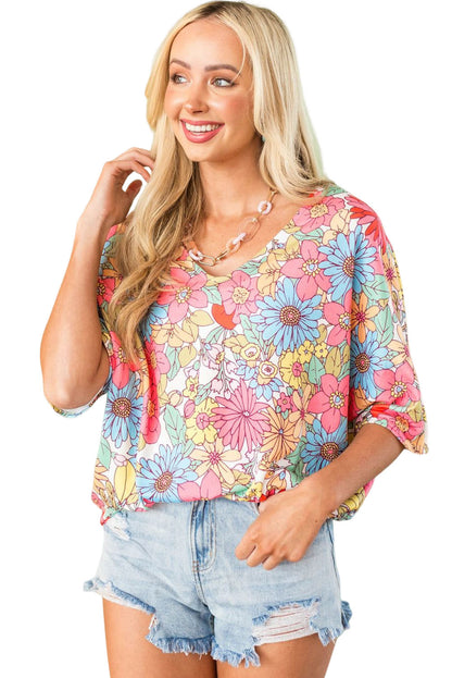 Blusa de media manga con cuello en V y estampado floral multicolor 