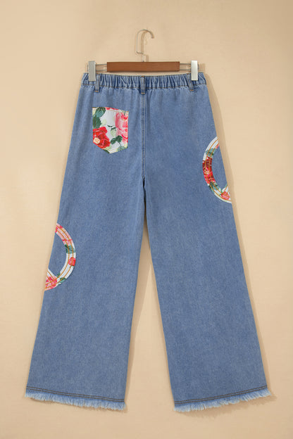 Myosotis Floral Peace Sign Embroidered Patch Wide Leg Jeans