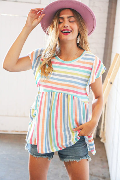 Multicolor Stripe Print Textured Knit Babydoll Blouse
