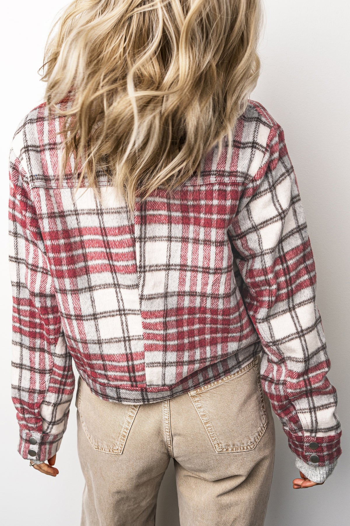 Red Plaid Flannel Metal Button Collar Long Sleeve Vintage Shift Jacket