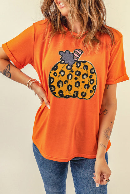 T-shirt ras du cou orange motif citrouille léopard d'Halloween