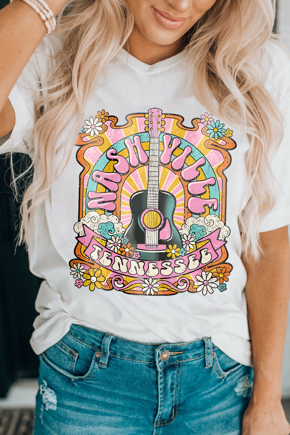 T-shirt blanc avec motif guitare country NASHIVILLE