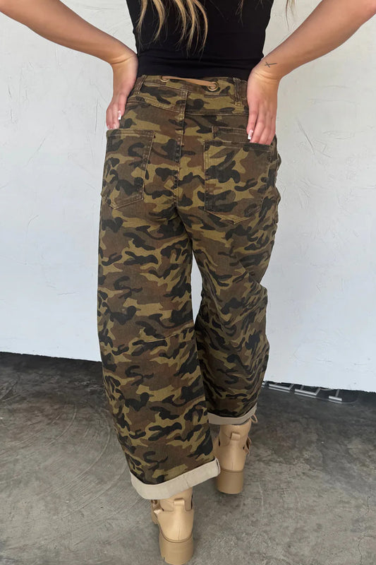 Multicolour Camouflage Print Retro Grommet Tie Waist Loose Jeans