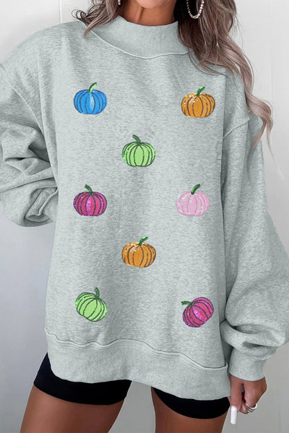 Gray Sequin Pumpkin Patch Mock Neck Baggy Sweatshirt