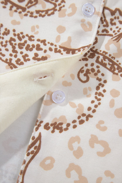 Yellow Leopard Print Colorblock Pocket Placket Long Sleeve Lounge Set