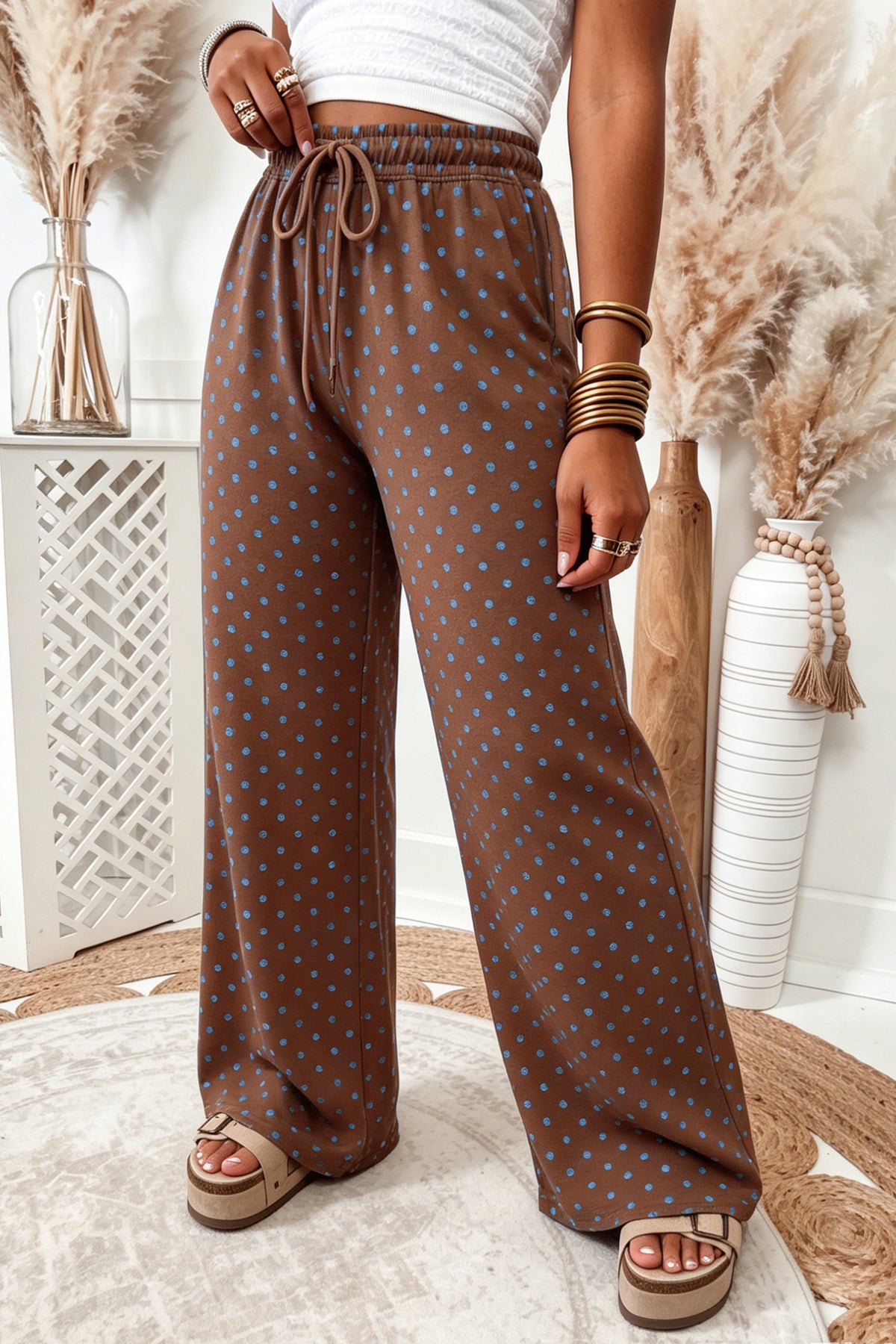 Brown Casual Polka Dot Wide Leg Drawstring Pants