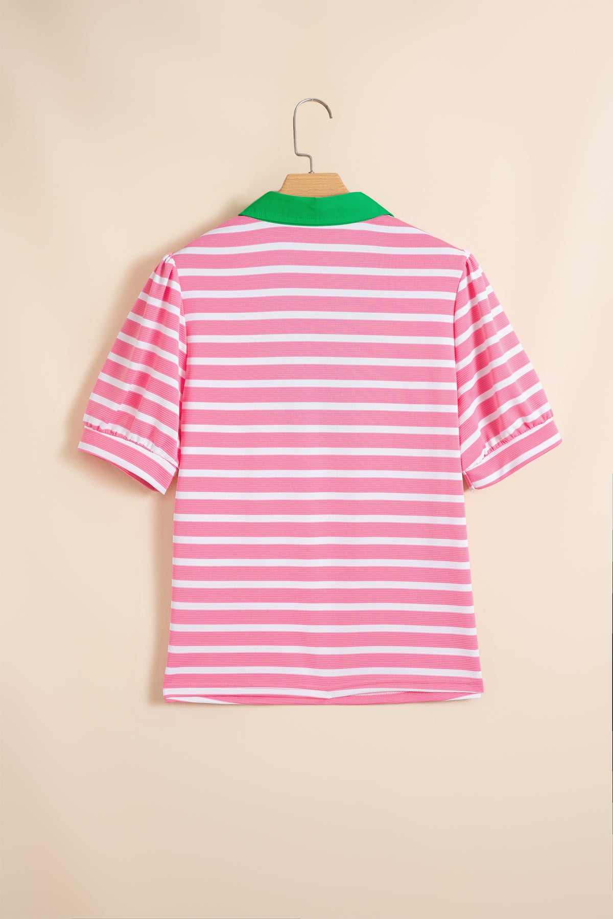 Pink Stripe Short Puff Sleeve Color Block Polo Collar Blouse